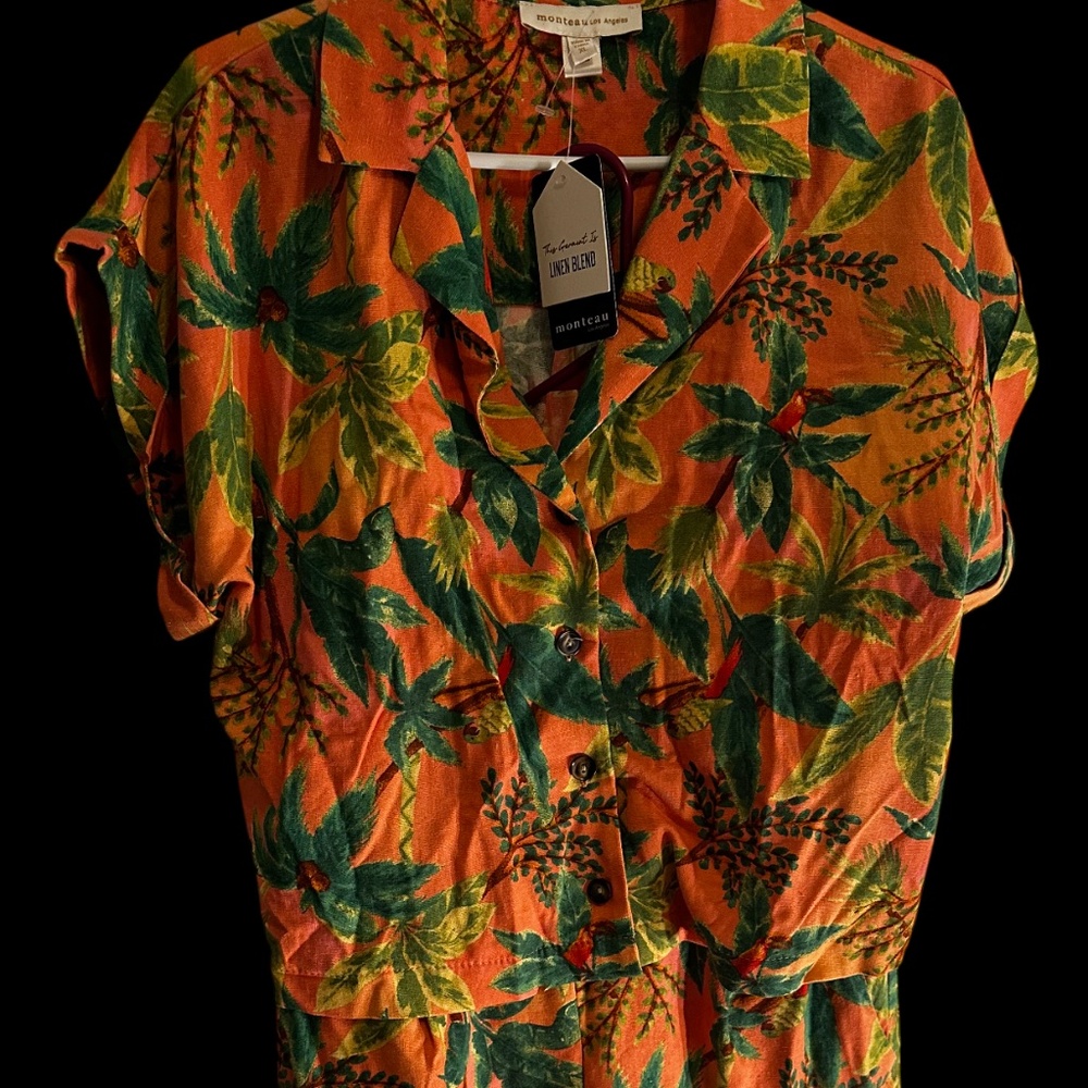 Monteau Linen Blend 2-Piece Tropical Set | Orange & Green | NWT